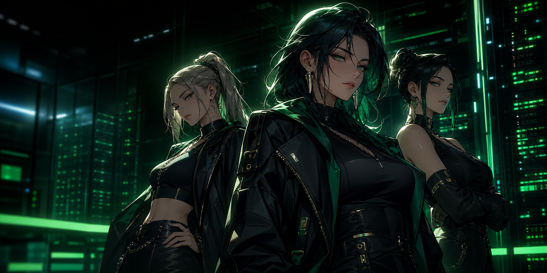 Three adult anime women in elegant cyberpunk fashion inside a neon-green supercomputing environment