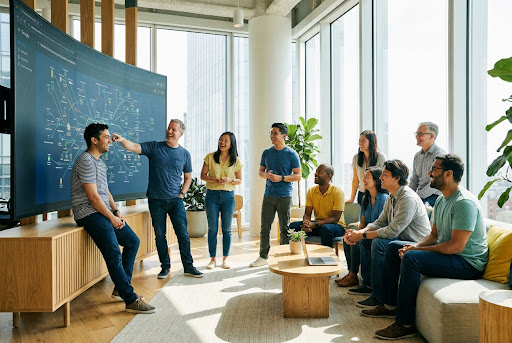 High-end corporate photography, software engineers collaborating