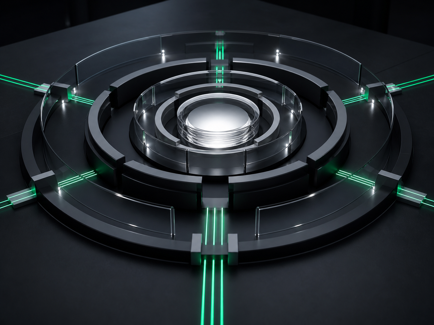Layered enterprise security perimeter protecting a luminous runtime core.