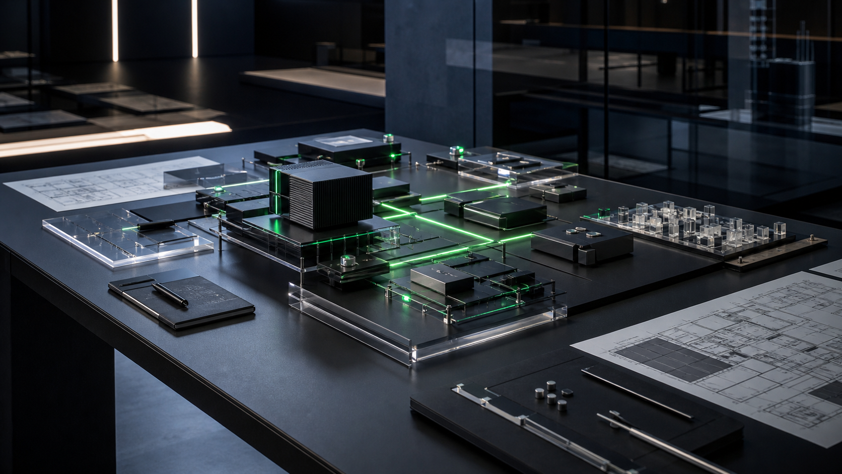 Enterprise technology and marketing leaders working together in a neon-green command center.