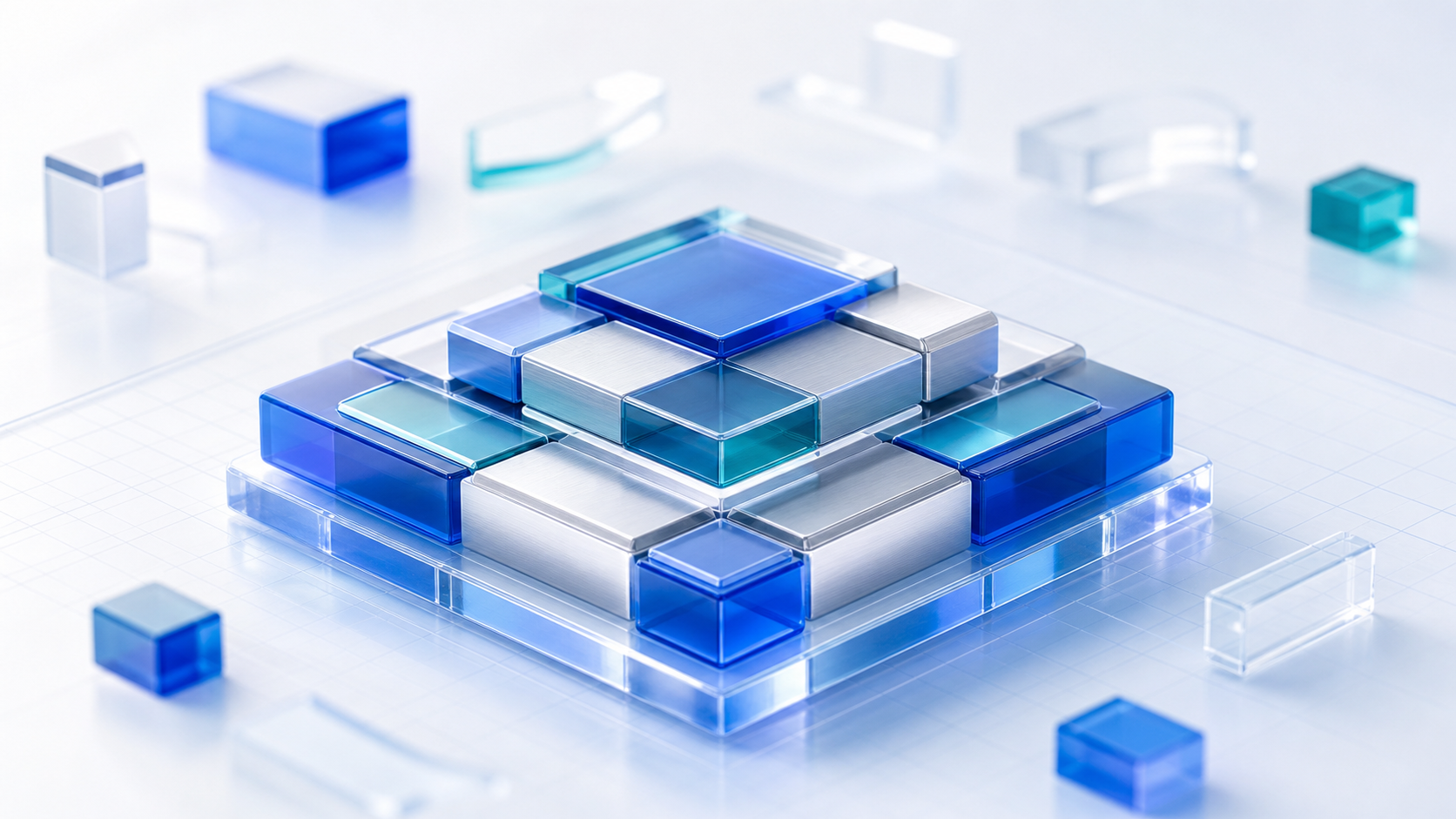 Foundation visual: an ordered operating base made from connected blue and teal system blocks.